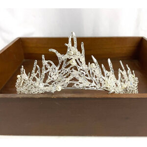 Clear Rhinestone Pearl Bead Silver Tone Metal Bridal Tiara Crown NEW